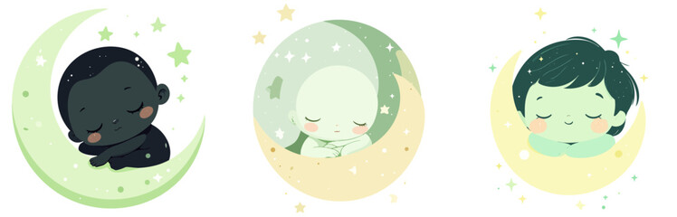 Obraz premium Alien Baby Shower Moon Vector Set – Kawaii Cartoon Cosmic Nursery Illustration Collection