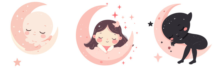 Obraz premium Alien Baby Shower Moon Vector Set – Kawaii Cartoon Cosmic Nursery Illustration Collection