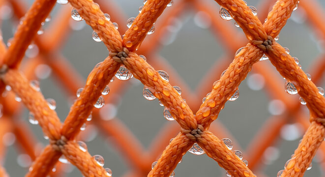 march madness, Orange Rope Net with Water Droplets Close Up Macro