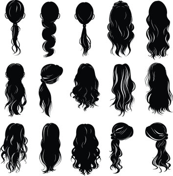 Long hairstyle silhouettes. Vector set. Female hair back view in different styles. Beauty and salon concept.