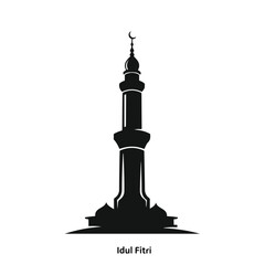 Islamic Minaret Silhouette with Crescent Moon.