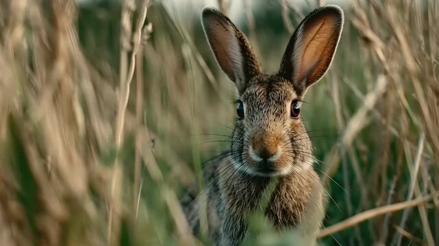 A wild hare standing in tall grass, captured in a serene natural setting, wildlife documentary style
