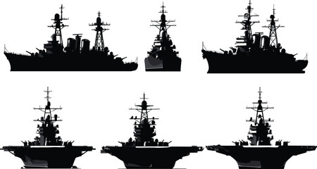 Collection of six naval warship silhouettes showing side and front views of destroyers, cruisers, and carriers with radar arrays, weapon placements, and bow structures illustration © Masud