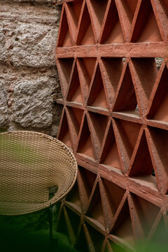 Patio relaxing corner with geometrical texture brick wall 