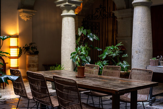 Cosy and charming modern lounge room with wooden table and plants