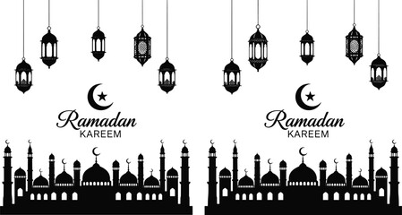Detailed Ramadan Kareem background set featuring mosque silhouettes, hanging lanterns, crescent moons, stars, and elegant typography for Islamic festive decorations. © VactorZone