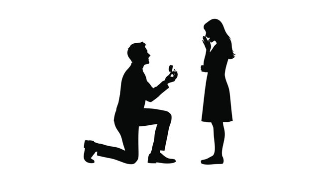 A man proposing to a woman on one knee black silhouette