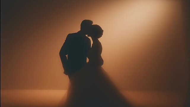 A newlywed couple embracing in a minimalist studio setting, captured in a romantic silhouette video