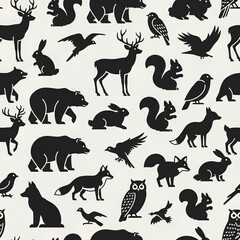 Obraz premium Seamless Pattern of Forest Animals Silhouettes on Cream Background 7.