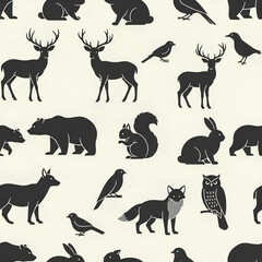 Fototapeta premium Seamless Pattern of Forest Animals Silhouettes on Cream Background 10.