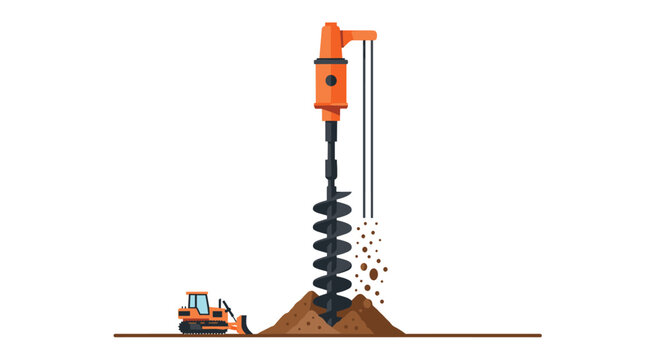 An orange industrial drilling rig with a large auger actively boring into a brown mound of earth, with a small yellow bulldozer nearby.