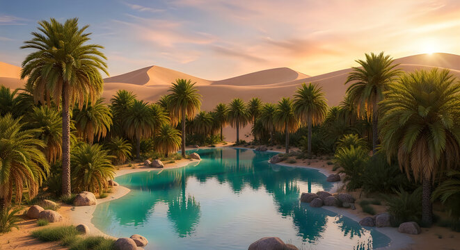 Serene desert oasis with palm trees and a tranquil turquoise pool at sunset surrounded by sandy dunes and lush greenery isolated on white background