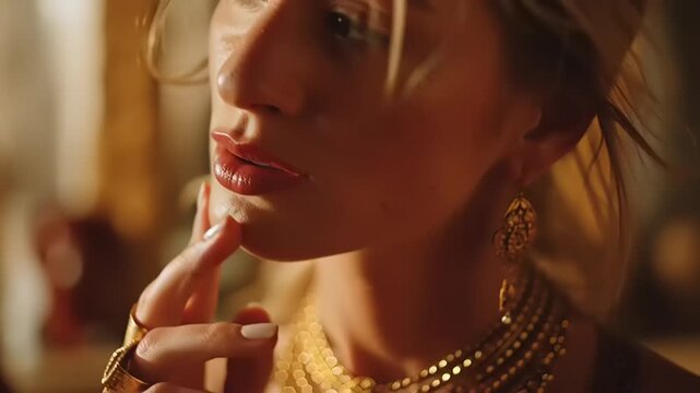 Cinematic gold ring emerging from soft elegant jewelry on a woman's hand near her lips in a close-up shot