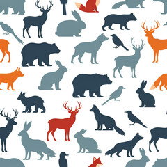 Fototapeta premium Seamless Pattern of Forest Animals Silhouettes on White Background 1.