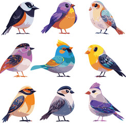 Create a different kinds of Cute birds. Cartoon colorful sparrow characters, happy flying animals with colorful wings and beaks, zoo and wildlife flat style vector art with white background