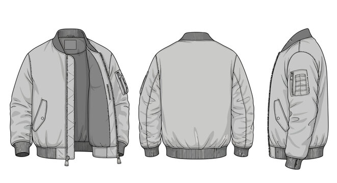 Fashion Bomber Jacket Design Template, Front, Back and Side Views for Apparel Illustration
