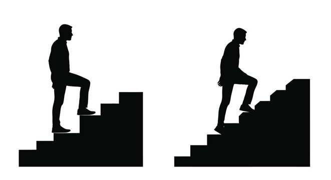 Two men climbing stairs depicted in a stark black silhouette
