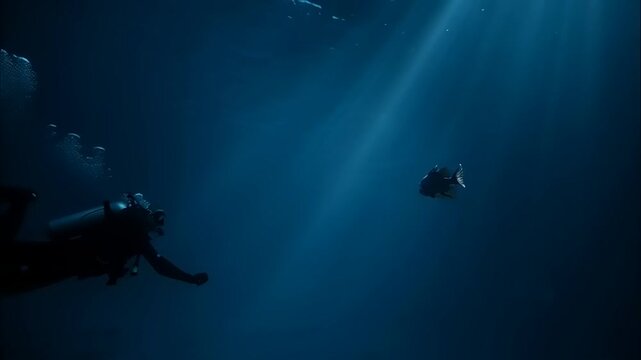 Cinematic underwater video captures a lone fish swimming near a diver in the deep ocean