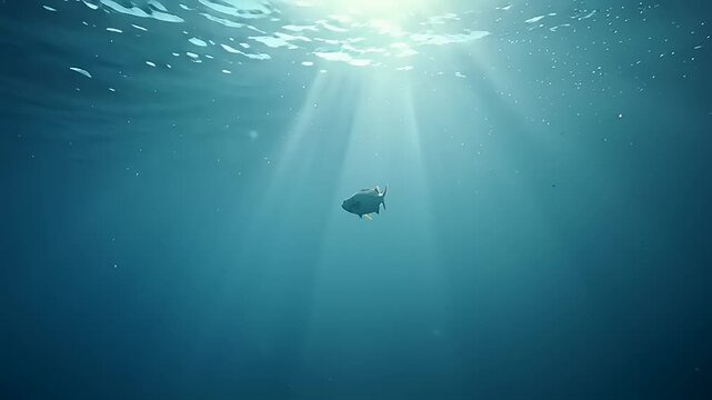 Cinematic underwater video of blue chromis schooling near the ocean surface with sunlight rays penetrating the water
