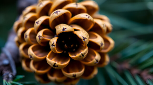 A close-up shot of a golden pine cone, highlighting its intricate details and texture