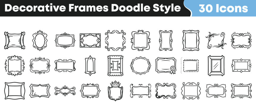 Collection of thirty hand drawn decorative frames and borders featuring various vintage doodle style shapes for design projects