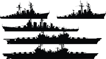 Silhouettes of diverse naval warships including destroyers, cruisers, and aircraft carriers with radar masts, gun turrets, and deck equipment isolated on white background illustration © Masud