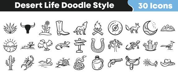 Diverse collection of hand-drawn desert life doodle style icons featuring wildlife, plants, and western elements, perfect for rustic adventure themes and graphic design projects. © Vectoravec