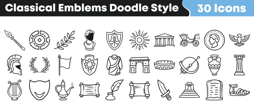 Thirty hand drawn doodle style icons representing various classical emblems from ancient greek and roman history