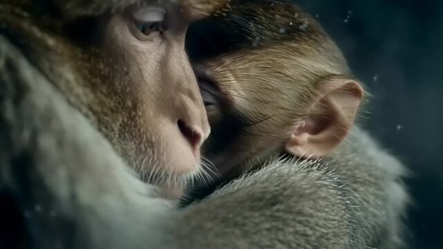 Cinematic close-up portrait of primates in a tender wildlife moment captured in 1080p