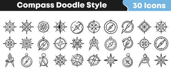 A collection of thirty unique hand-drawn doodle style compass icons perfect for navigation, travel, map design, and exploration themes, featuring various direction symbols. © Vectoravec