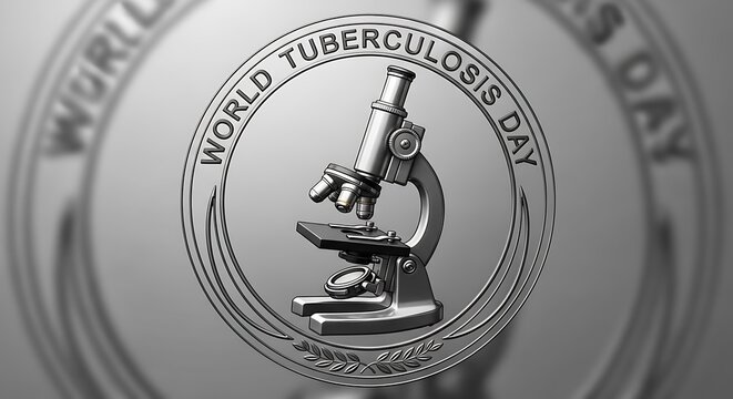 World tuberculosis day silver medallion with microscope icon and circular typography commemorating global health awareness and scientific research achievements