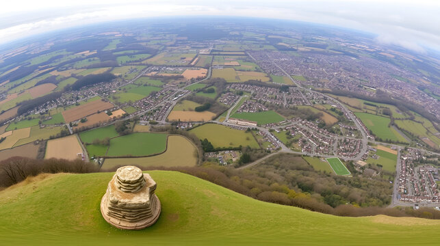 Panorama taken from Box Hill in the Surrey Hills, England, UK, with a trig point in the foreground and farms, fields, the town of Dorking and the village of Brockham in the background.