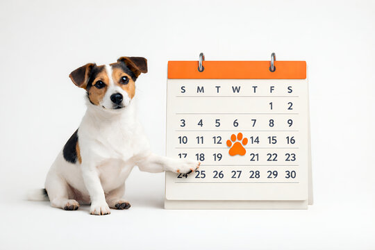 Dog pointing at calendar, pet appointment reminder and veterinary schedule planning concept