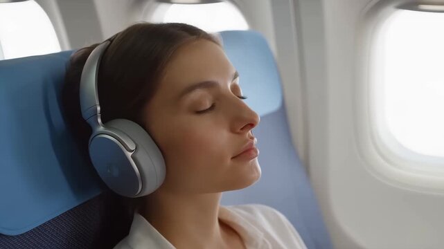 Young woman with eyes closed wearing noise-canceling headphones while flying in an airplane cabin. Comfort and relaxation during air travel concept footage.