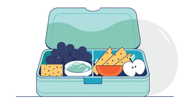 An open blue plastic lunchbox is packed with grapes, cheese, dip, crackers, and a sliced apple, providing a healthy meal.
