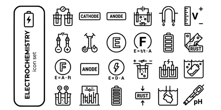 Electrochemistry Bold Line Icons-Galvanic Cell Cathode Anode Electrolysis Salt Bridge Faraday Battery Corrosion pH Electrode-20 Electrochemistry Icon Set Vector - Electro Icons