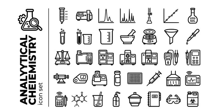 Analytical Chemistry Bold Line Icons-Chromatography Spectrophotometer Mass Spectrometry NMR Titration Calibration Standard-25 Analytical Chemistry Icon Set Vector - Analysis Icons