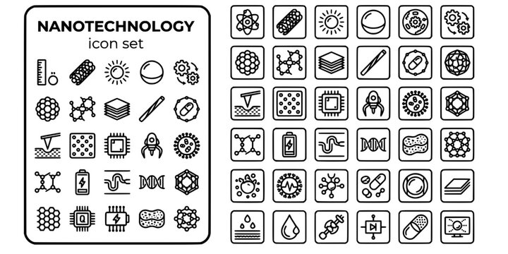 Nanotechnology Bold Line Icons-Carbon Nanotube Quantum Dot Nanoparticle Molecular Machine Self Assembly Nanowire Drug Delivery-20 Nanotechnology Icon Set Vector - Nano Science Icons