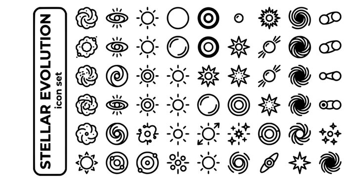Stellar Evolution Bold Line Icons-Stellar Nebula Protostar Main Sequence Red Giant Planetary Nebula White Dwarf Supernova Pulsar-20 Stellar Evolution Icon Set Vector - Star Lifecycle Icons