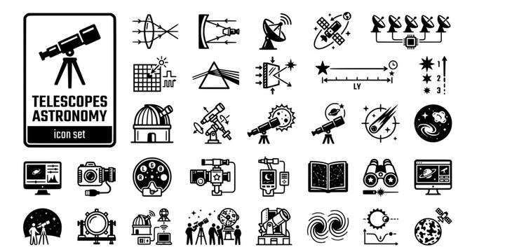 Telescopes Observational Astronomy Bold Line Icons-Refracting Reflecting Radio Telescope Space Interferometer CCD Spectroscope Adaptive Optics-20 Telescopes Icon Set Vector - Observatory Icons