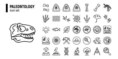 Obraz premium Paleontology Bold Line Icons-Dinosaur Fossil Amber Stratigraphic Layers Radiometric Dating Trace Fossil Mass Extinction Living Fossil-20 Paleontology Icon Set Vector - Fossil Science Icons