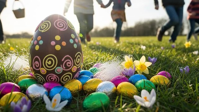 Family Easter Egg Hunt in Park with Large Decorated Chocolate Egg and Kids