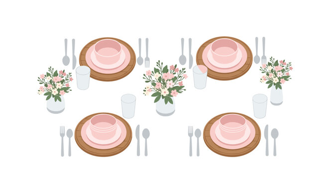 An aerial view shows a dining table beautifully set with four place settings, featuring pink bowls, wooden chargers, and flower bouquets.