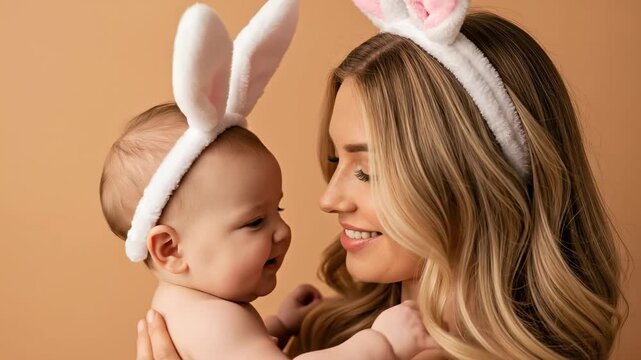 Beautiful blonde mother kissing her infant baby wearing white bunny ears for first Easter