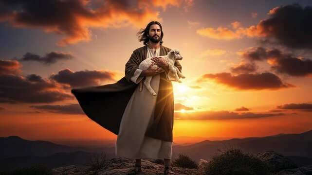 Biblical illustration of Jesus Christ as the Good Shepherd holding a lamb at sunset