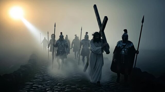 Jesus Carrying Cross with Roman Soldiers in Foggy Morning Light