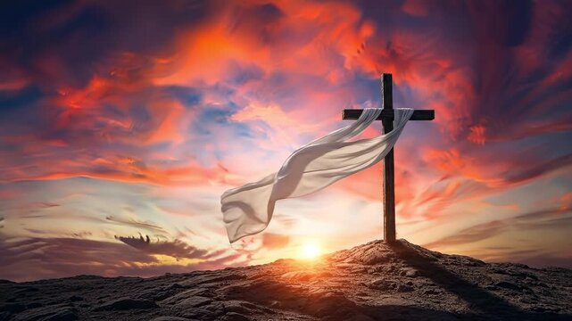 Wooden cross with white cloth on a hill at sunrise for Easter Resurrection Sunday