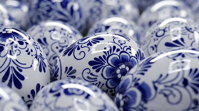 Traditional Delftware style porcelain Easter eggs with blue floral patterns on white background