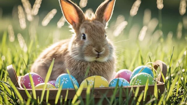 Adorable bunny in a rustic wooden basket with painted eggs on green grass during a spring morning