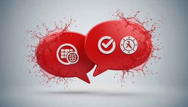 Communication Bubbles: Abstract representation of interaction, featuring two red speech bubbles with embedded icons of checkmark, a globe, and other abstract symbols on a clean background.